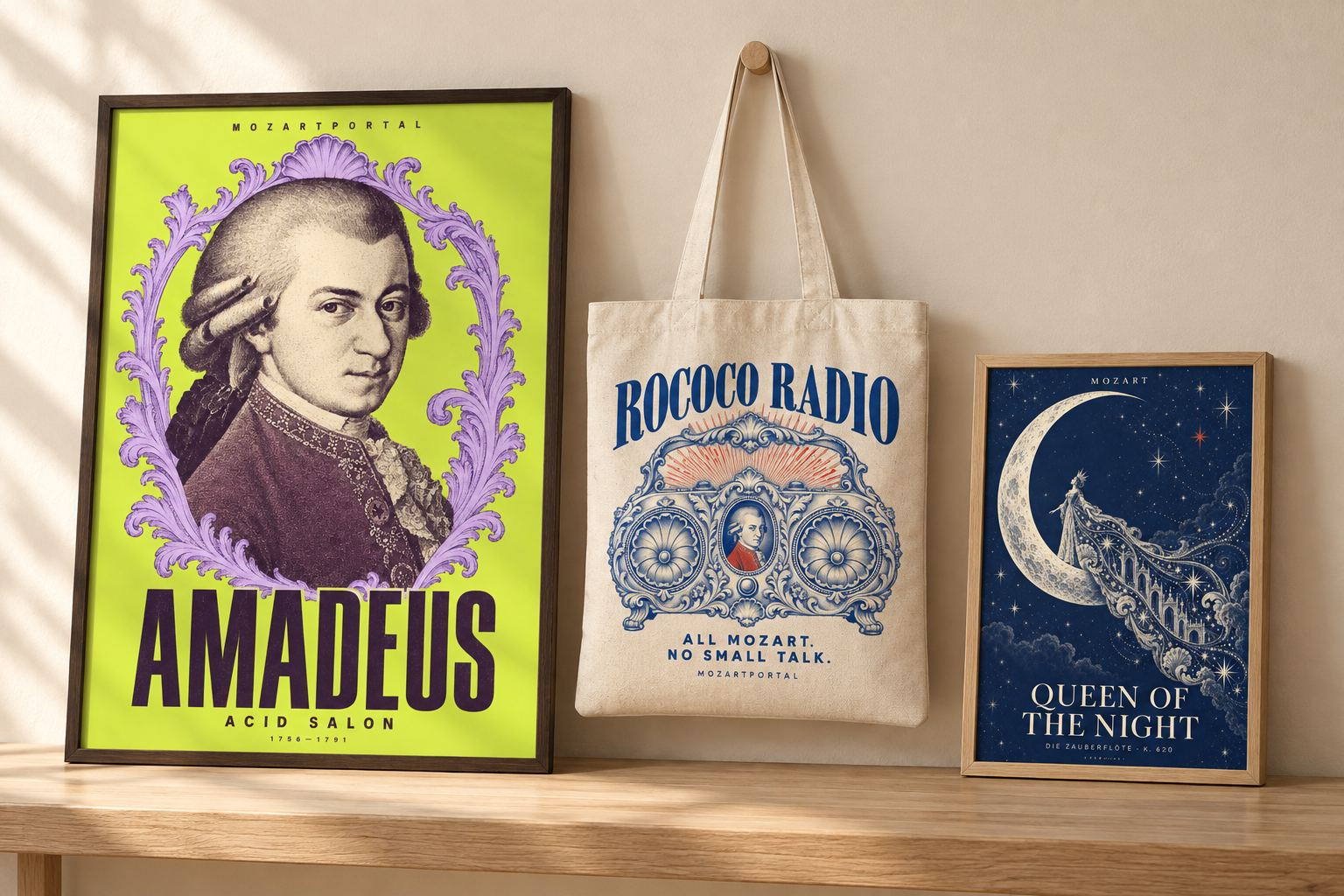 Acid Salon in lime and lavender, a Rococo Radio tote, and Queen of the Night in midnight blue